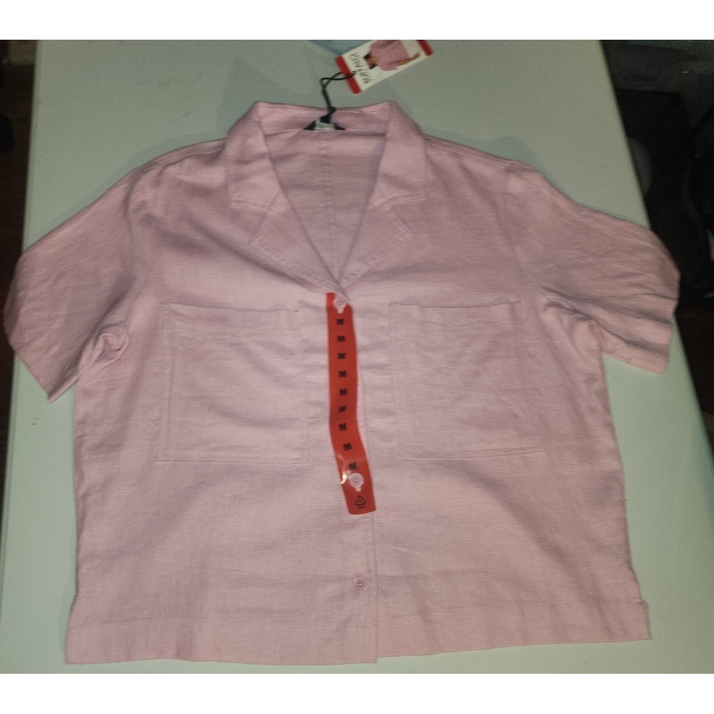 BUFFALO DAVID BITTON Linen Blend Button Front Shirt M 8-10 Fidji Pink Blouse NWT